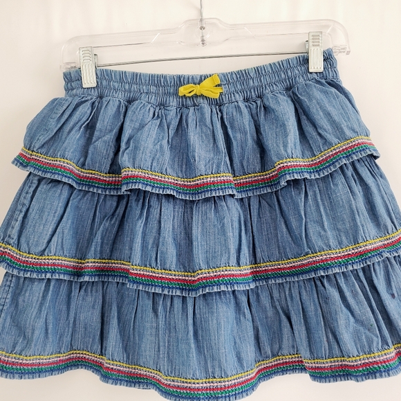 Mini Boden Youth Size 13-14 tiered ruffle denim skort with colorful trim - Picture 7 of 10